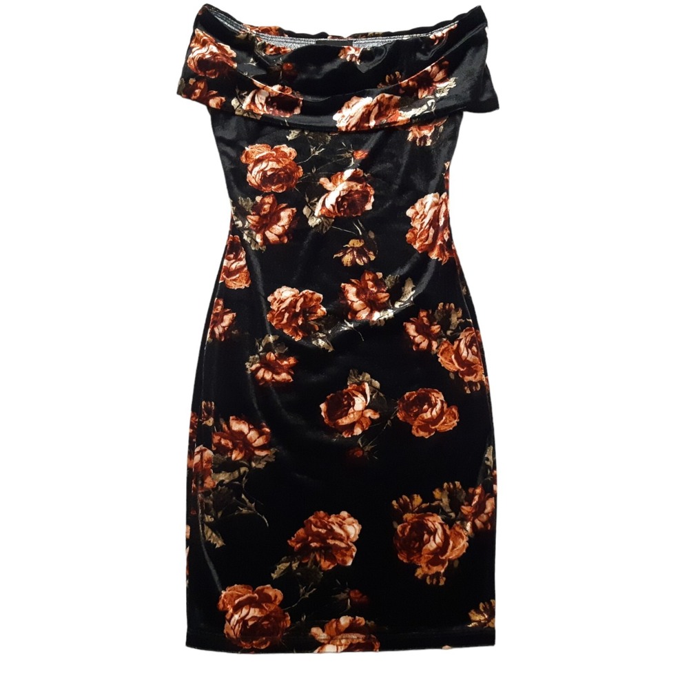 Seduction Dress Womens Small Black Floral Velvet‎ Off Shoulder Cowl Neck Bodycon
